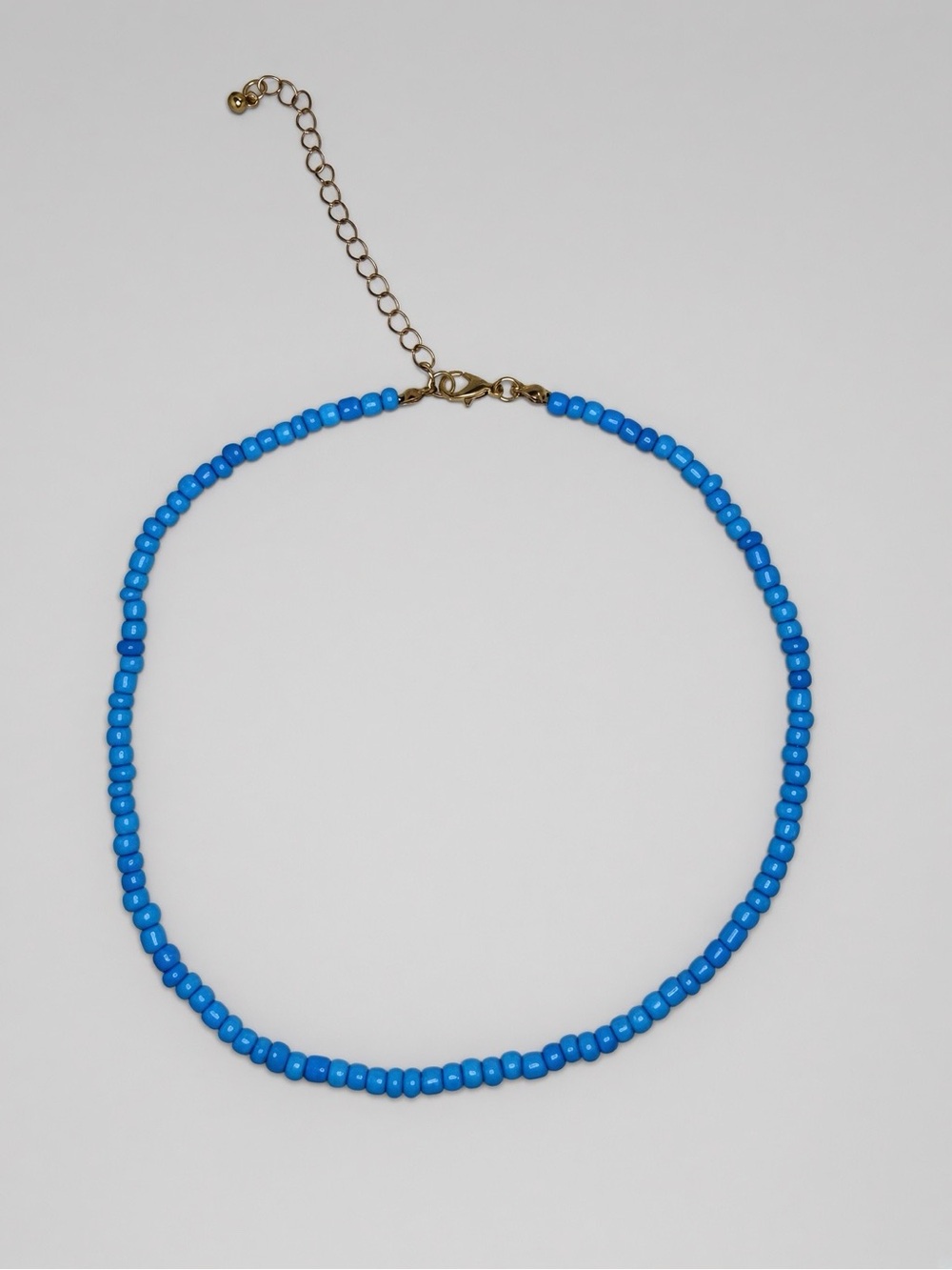 Bright Blue Seed Bead Choker Necklace Gold Tone Clasp 14” + 4” Extender Unsigned